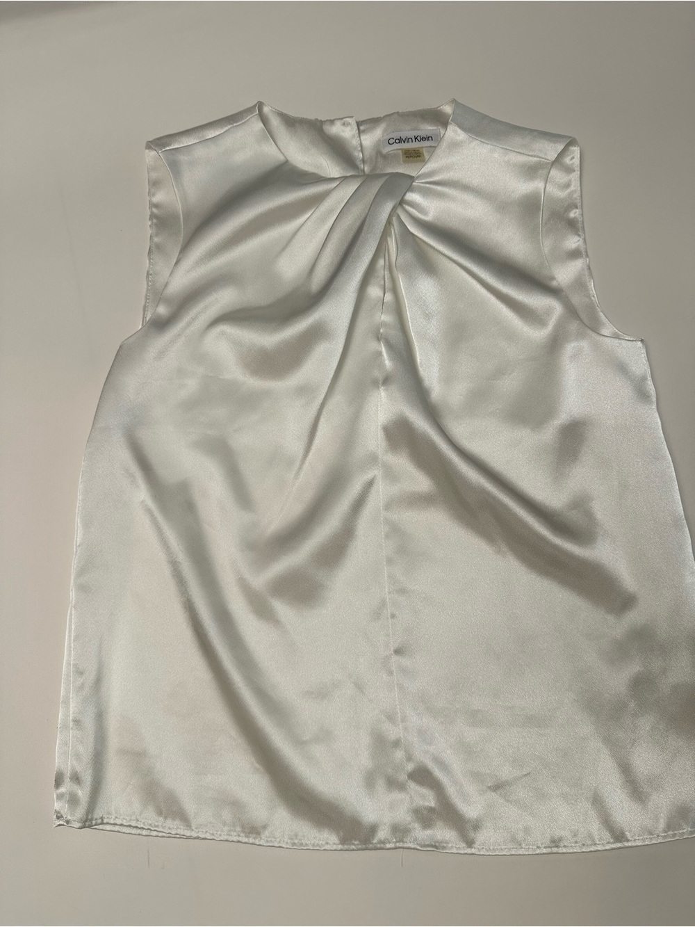 Calvin Klein White Satin Draped Twist Neck Sleeveless Blouse Minimalist Evening - Picture 1 of 6